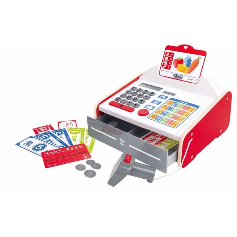 Hape Jeu Caisse Enregistreuse Enfants - Enfants 3 Ans et Plus - Inclus Trois d’écran, Une Feuille d’Autocollants, Une Carte banc