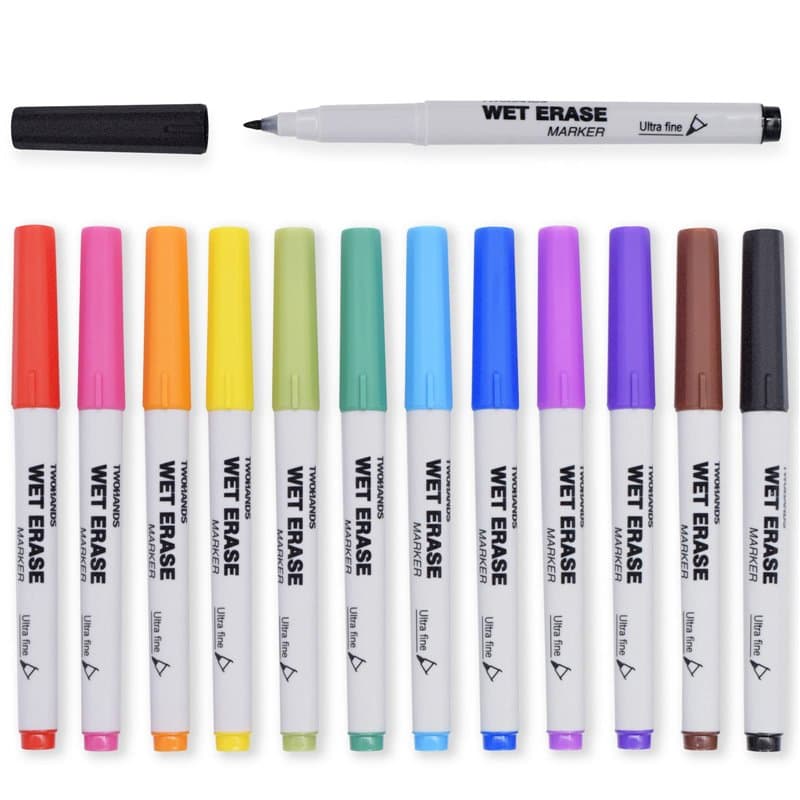TWOHANDS Marqueurs Effaçables à l'Eau, Pointe Ultra Fine, 0,7 mm, Faible Odeur, 12 Couleurs Assorties, Feutre effaçable pour tab