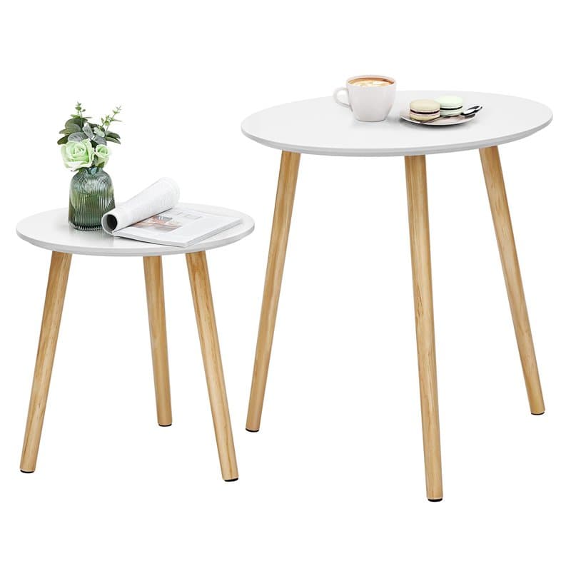 SONGMICS Table Basse Ronde, Table de Salon Moderne Minimaliste, Lot de 2, Table d'Appoint, avec Pieds en Bois de Pin, Style Scan