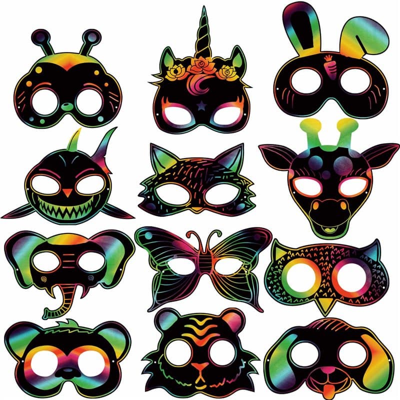 Qpout 48pcs Masques à gratter Animaux pour Enfants, pour Enfants Fille Garçon Anniversaire de Pâques Halloween Jeu de Noël Acces