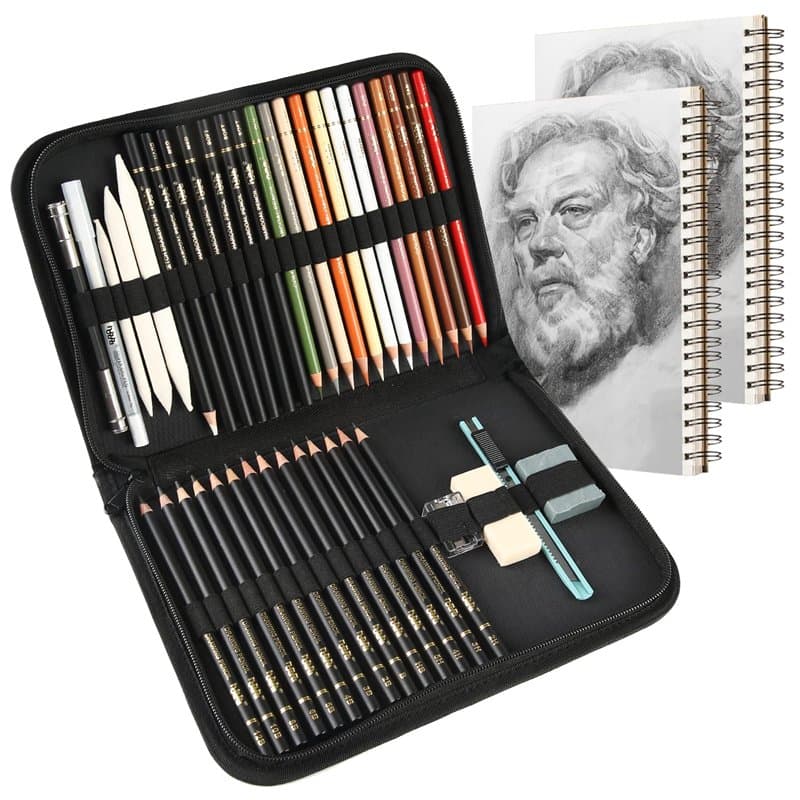 hhhouu Professionnel Colore Crayons de Dessin Art Set, Avec Graphite & Crayons de Couleur au Fusain, Matériel Artistique Idéal C
