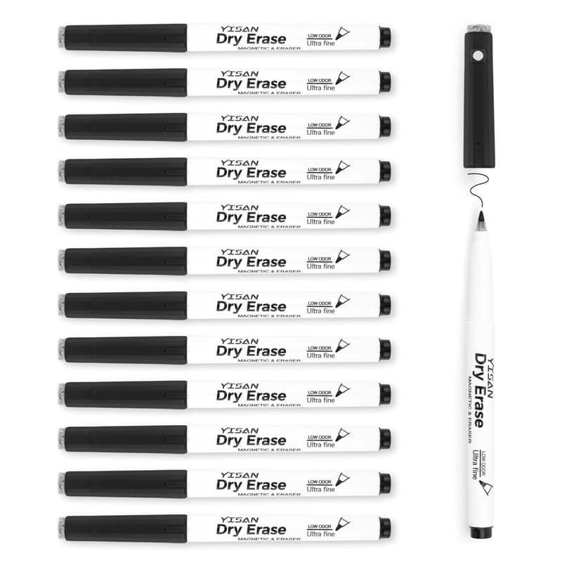 YISAN Feutre Tableau Blanc Effacable Magnetique Ultra Fine Pointe de 0,7 mm, noir, pour Tableau Blanc, pour L'école, le Bureau,