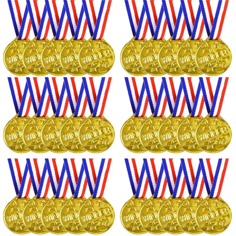 SULOLI 30 Pièces Médailles Enfants-Médaille d'or avec Rubans de Cou-Plastique Medaille Recompense pour Jeux Scolaires
