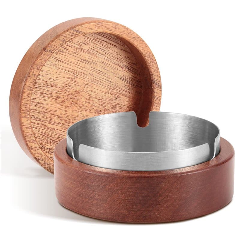 Cendrier Exterieur, Cendrier Original avec Couvercle en Bois, Cendrier Portable avec Couche Intérieure en Acier Inoxydable, Cend