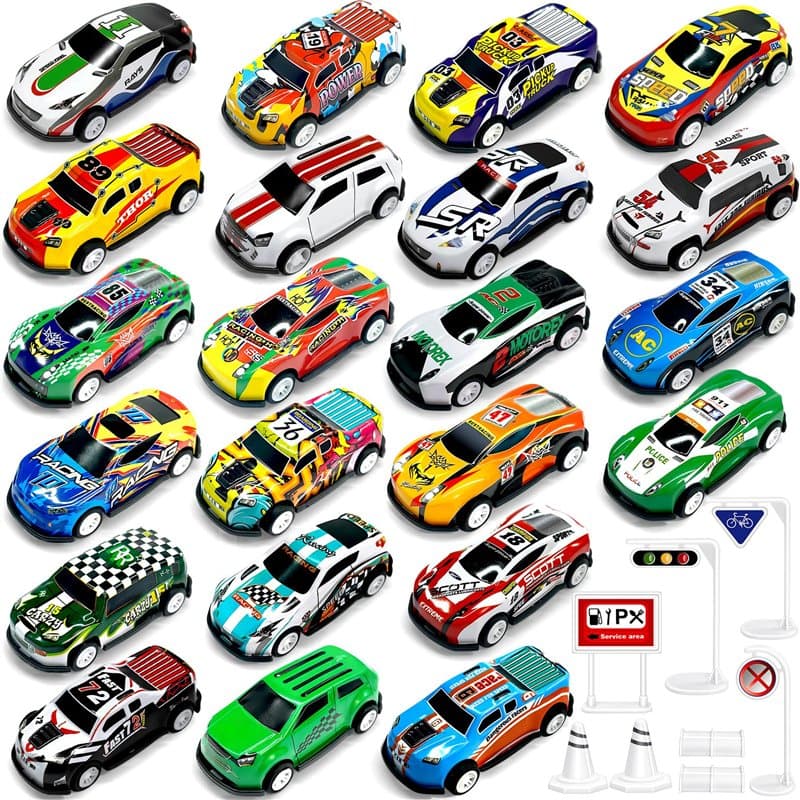 TOYABI Coffret Petite Voiture Enfant, Lot Voiture Miniature en Metal 1/64, 22 Petites Voitures Jouets avec 8 Barrage Routier, Vo