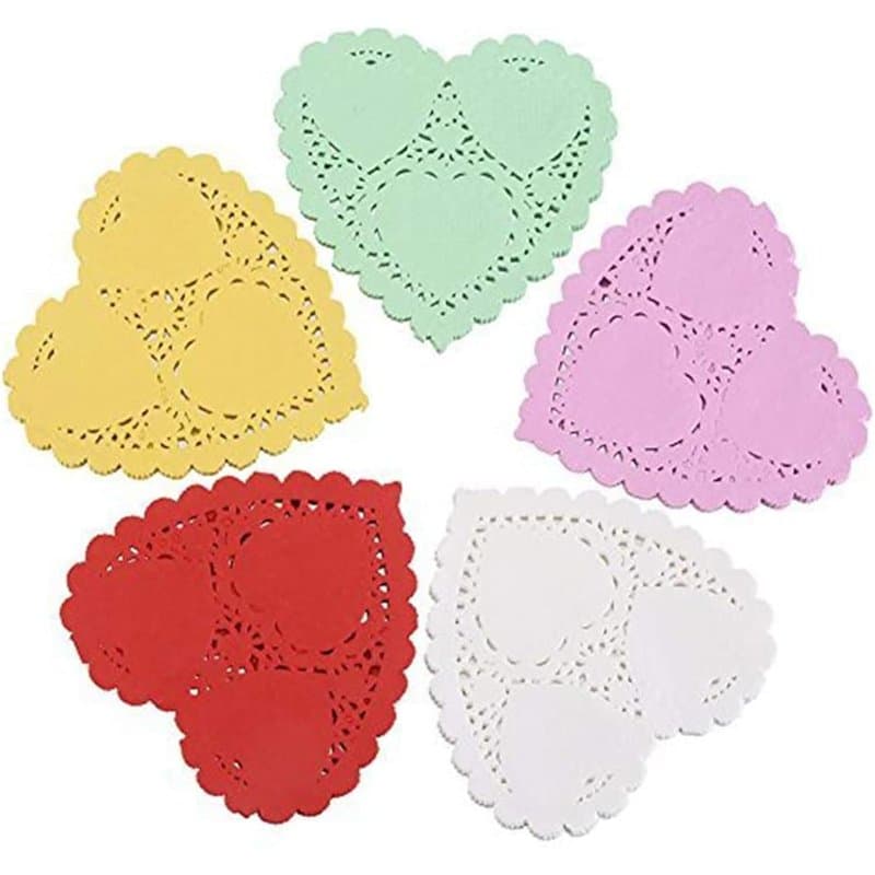 JOFONY Lot de 200 napperons en papier en forme de cœur, dentelle colorée pour gâteaux, dessous de verre et décoration de vaissel