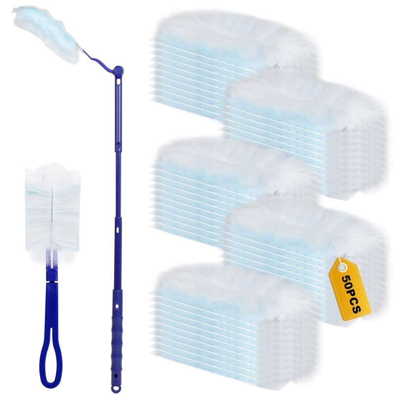 AiQInu 52 Pièces Plumeau Poussiere Recharge Kit, 50 Recharges Plumeau avec 1 à Manche Long et 1 à Manche Court, pour Nettoyer La