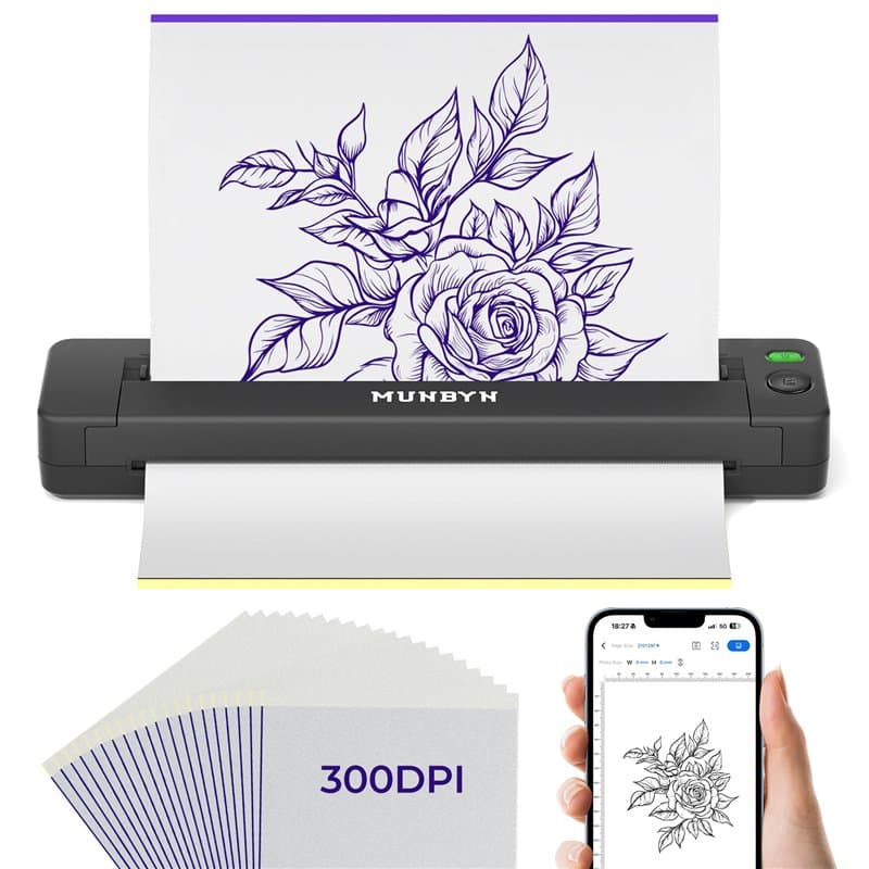 MUNBYN 2025 Nouveau 300DPI Thermocopieur Tatouage Bluetooth ITP06, 20 Feuilles Imprimante Transfert, Imprimante Stencil Tatouage
