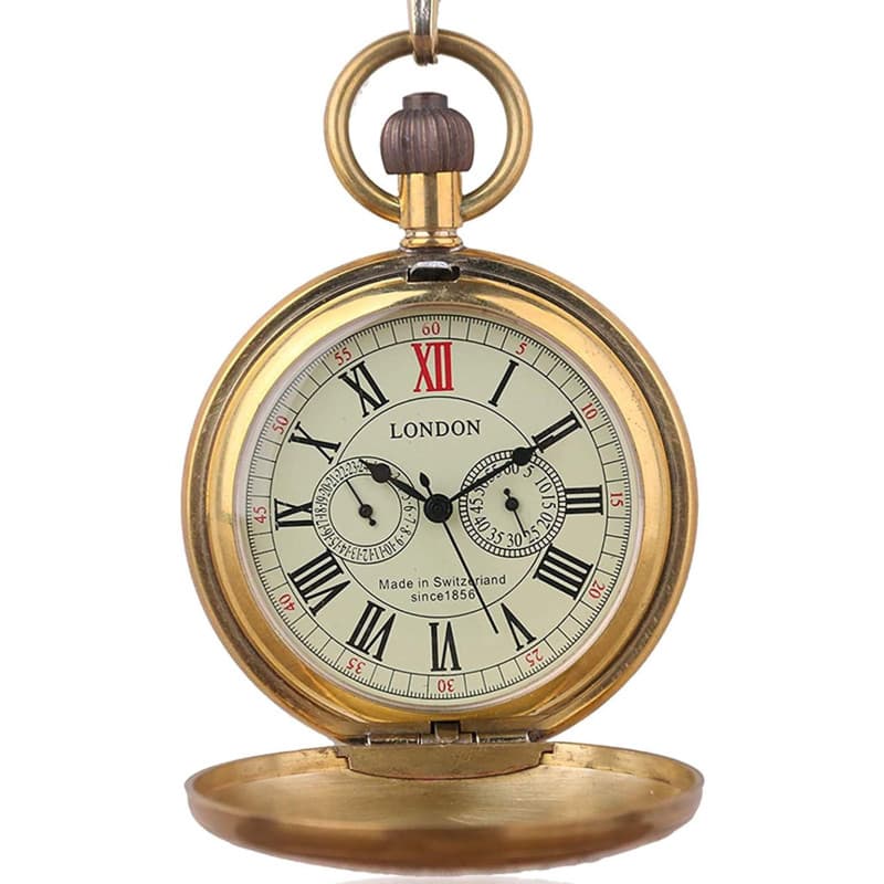 Tiong Montre de poche et gousset mécanique en cuivre antique pour homme avec chaîne et boîte cadeau de Noël, Or 1., Antique