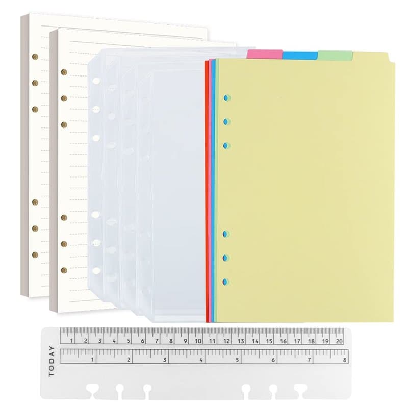 Classeur A5 6 Trous Avec Recharge Papier 160 Feuilles/320 Pages, 5 Intercalaires Couleur, 4 Poches Zippées et Règle 20CM