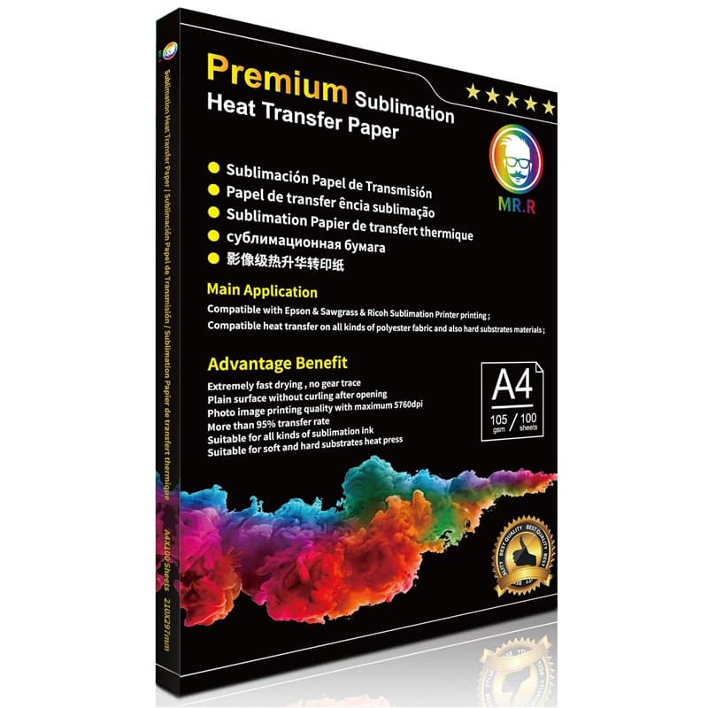 Papier de transfert de chaleur par sublimation MR.R Premium pour EPSON et Sawgrass 105gsm A4 8.25''X11.69'', 100 feuilles par pa