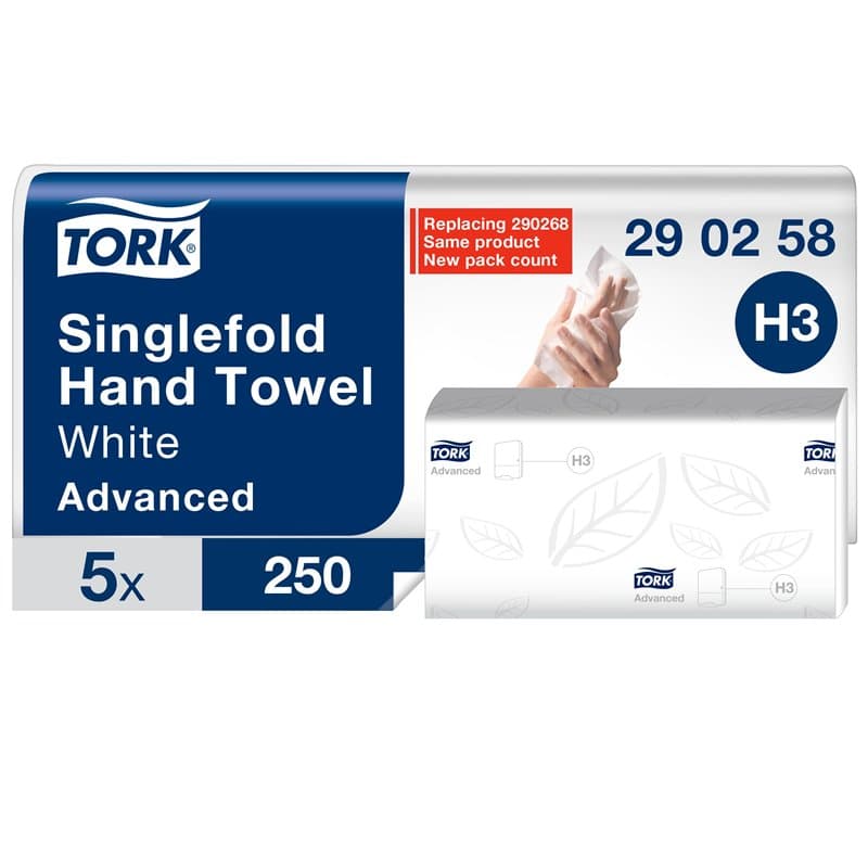 Tork Essuie-mains pliés en V Advanced, H3, grand, indéchirable, 2 plis, blanc, Advanced qualité, 1250 essuie-mains, Advanced qua