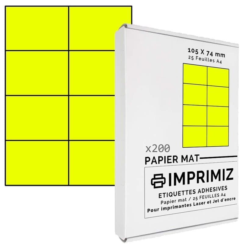 200 étiquettes autocollantes Jaune fluo de 105 X 74 mm - 8 étiquettes/feuille - 25 planches papier A4 adhésif couleur - pour imp