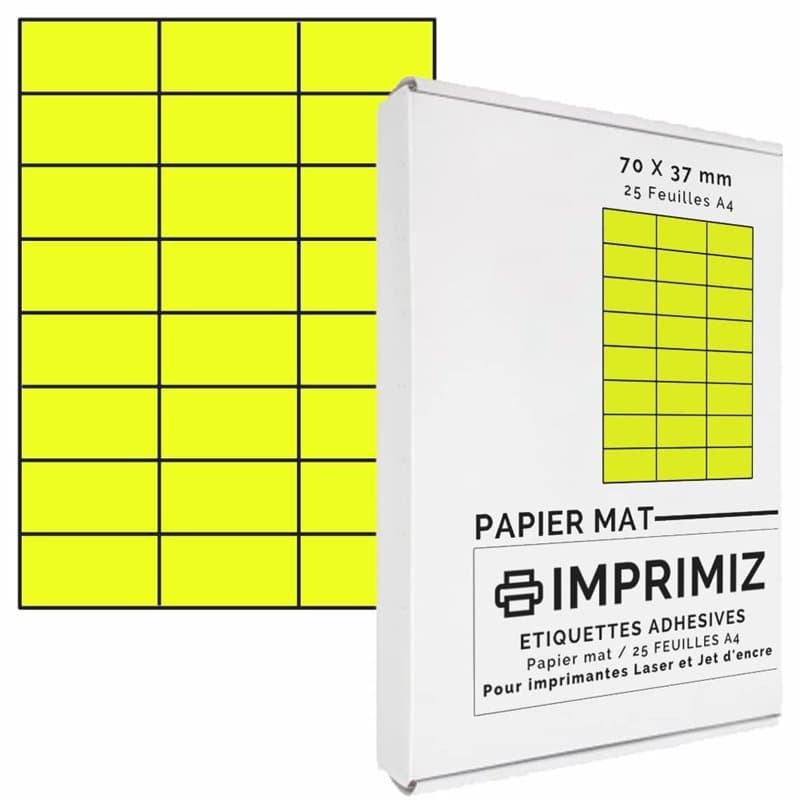600 étiquettes autocollantes Jaune fluo de 70 X 37 mm - 24 étiquettes/feuille - 25 planches papier A4 adhésif couleur - pour imp