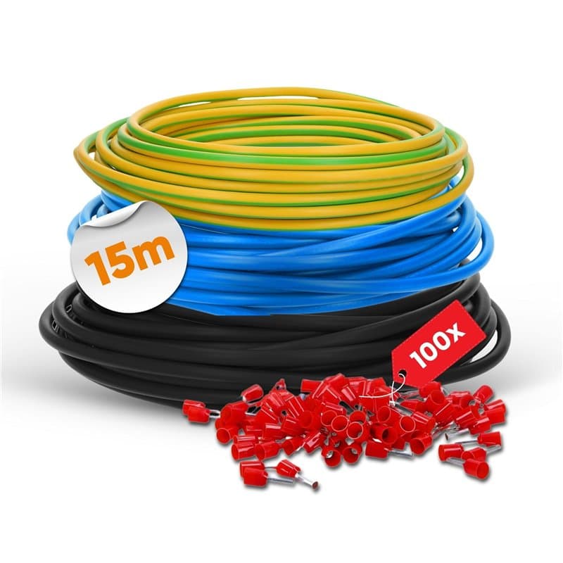 Kit de câblage Lapp H07V-K 10 mm² I 3 x 5 mètres de fils simples (noir, bleu, vert-jaune) + 100 embouts de câble rouge I Kit de