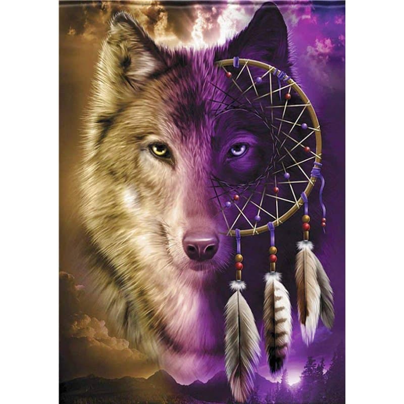 Abillyn Kit de broderie au point de croix Motif loup et attrape-rêves estampillé avec motif imprimé (loup)