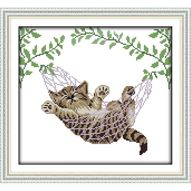 Abillyn Kit de broderie au point de croix Chat sur panier suspendu estampillé avec motif imprimé (chaton)