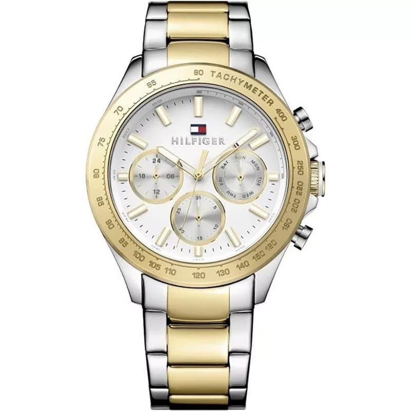 Tommy Hilfiger Montre Multifonction Quartz Homme - 45,5 mm, Cadran Blanc, Bracelet en Acier Inoxydable Bicolore avec Plaquage Do