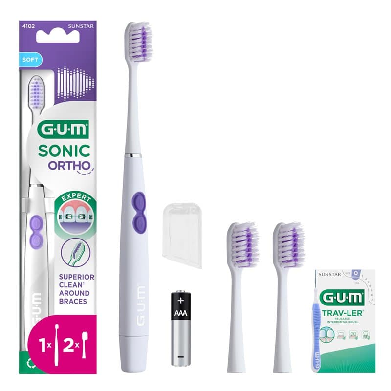 GUM SONIC ORTHO Brosse à dents sonique électrique à piles | Conçue pour les appareils | Douce avec les dents et les gencives | X