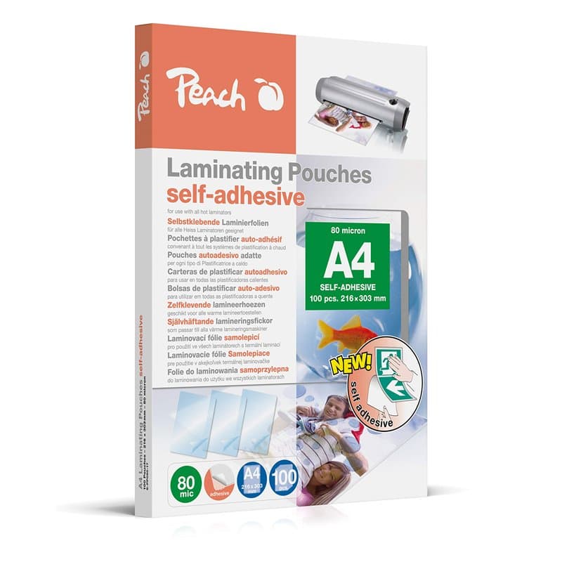 Peach S-PP080-17 Lot de 100 pochettes de plastification A4 80 microns Dos autocollant Convient pour les images ou panneaux faits
