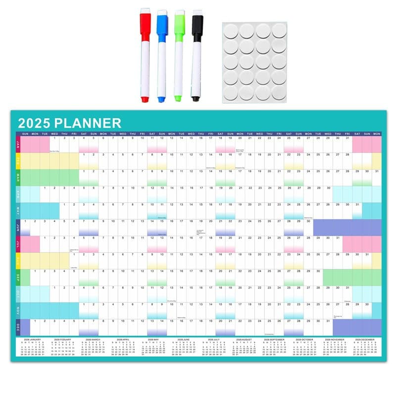 Calendrier mural 2025 annuel complet avec marqueur effaçable et autocollants adhésifs 90 x 60 cm