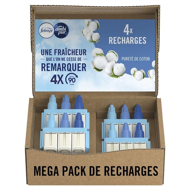 Febreze 3Volution Recharges Pureté de Coton pour Diffuseur Électrique, 4 x 20ml, Désodorisant Maison avec 3 Parfums en Alternanc