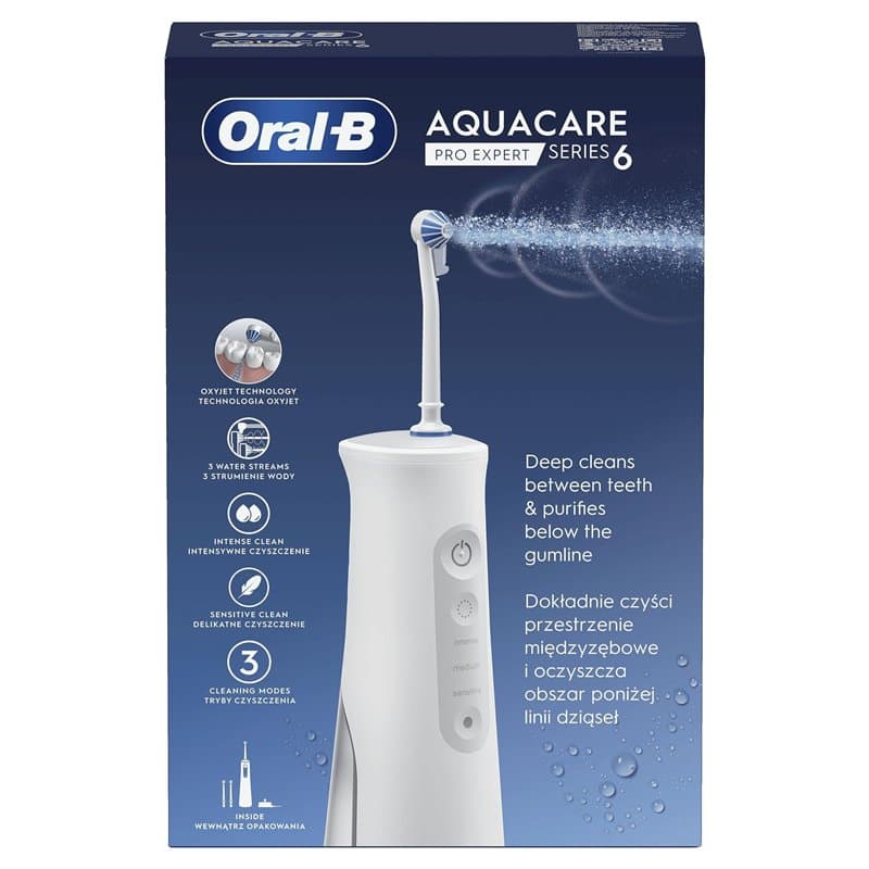 Oral-B AquaCare Pro-Expert Série 6 Irrigateur avec Technologie Oxyjet, 3 Embouts, 2 Types De Flux D'eau, Blanc