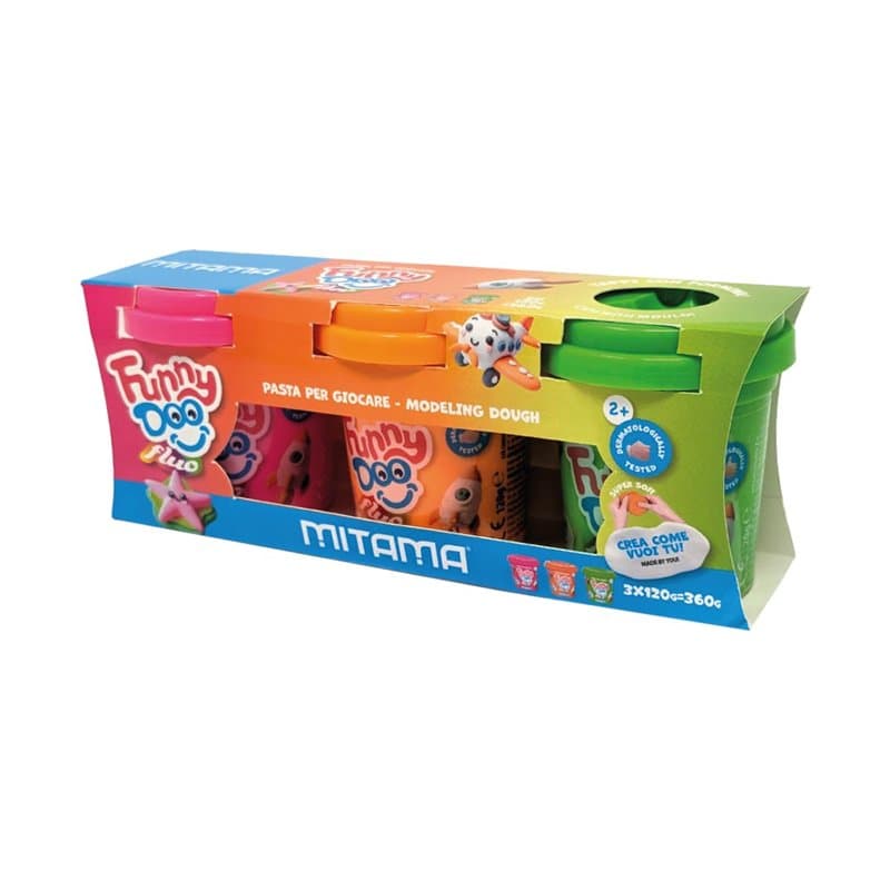 Mitama Tris 3 bocaux Funny Doo, Pâtes à Modeler, 3 pièces, Orange Rose et Vert Fluo, à partir de 2 Ans, Jeu et Loisirs, Enfants,