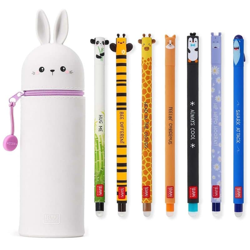 LEGAMI - Lot de 7 stylos gel effaçables + trousse lapin 2 en 1 – avec encre effaçable thermosensible, gamme de couleurs d'encre