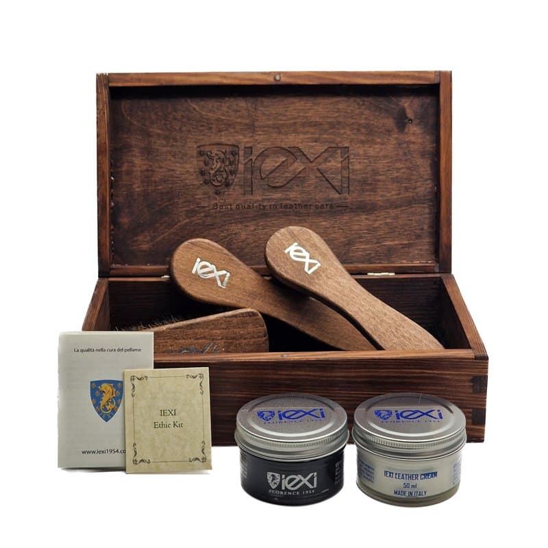 IEXI Ethic Kit - Kit avec Boîte en Bois pour Soins et Entretien Cuir Chaussures, Sacs, Ceintures et autres accessoires Made in I