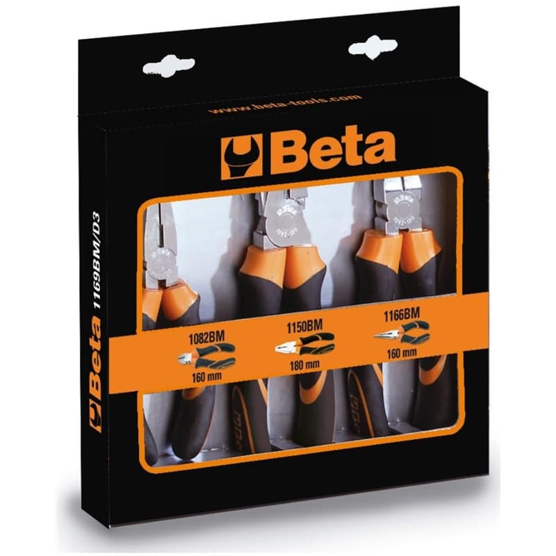 Beta 1169BM/D3 - Assortiment de 1 pince universelle, 1 pince à bec demi-rond long et 1 pince coupante, poignée bimatériau chromé