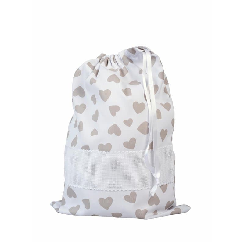 Filet - Sac Porte-Layette à Broder avec Fermeture par Coulisse, Fabriqué en Coton Piquet Milleraies Imprimé Cœurs, Made in Italy