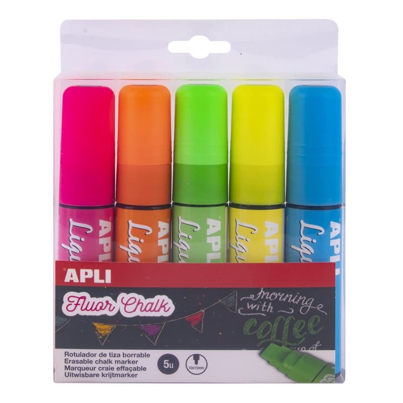 Apli 13965 - 5 marqueurs liquide - craies liquide - Utilisables sur tableau vert,fenêtre, ardoise - effaçable avec un chiffon hu