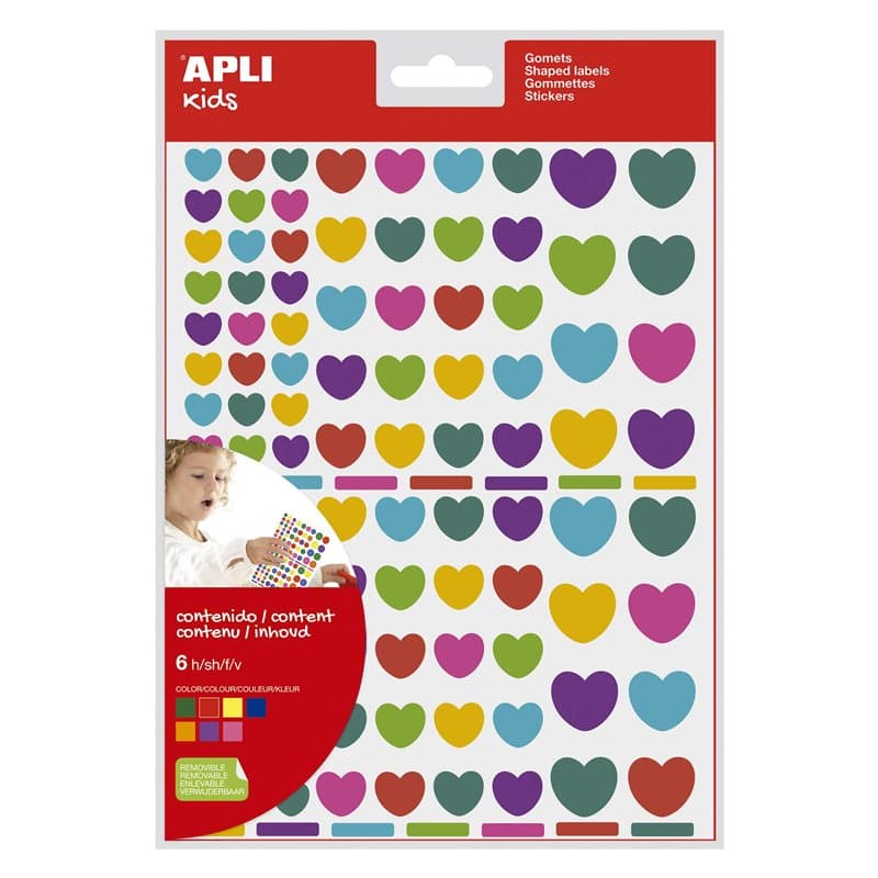 APLI Kids 18767 - Sachet de 624 stickers coeurs de tailles assorties, amovibles, multicolores, 6 feuilles