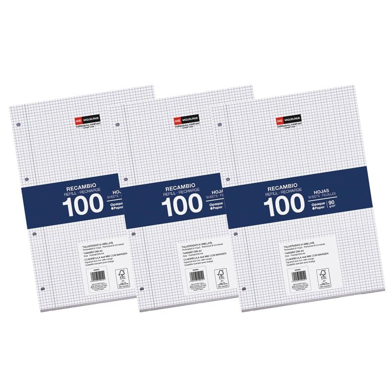 Miquelrius - Blocs de recharge, 300 feuilles quadrillées 4x4 mm, Papier opaque 90 g/m², Recharge de feuilles A4 perforées pour c