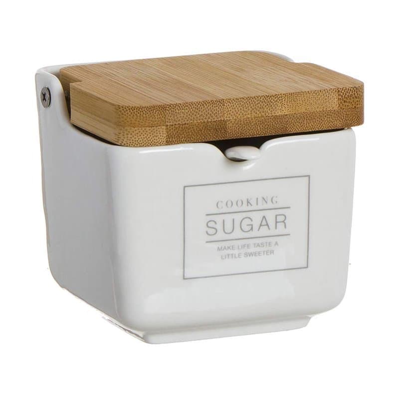 Deco Line Sucrier en céramique, Blanc avec Couvercle en Bois 8 cm