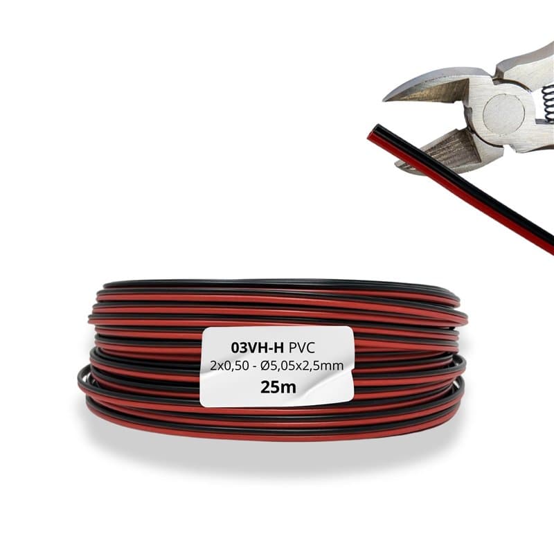HALOTEC 25 mètres Câble parallèle flexible rouge et noir PVC 2 x 0,50 mm² | Câble double polarisé | Cordon électrique parallèle