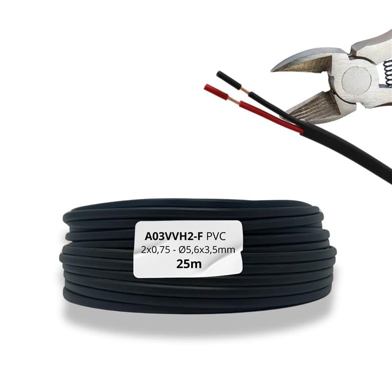 HALOTEC 25 mètres Câble plat PVC 2 x 0,75 mm² Noir intérieur rouge-noir Type 03VVH2-F Câble double en cuivre flexible Cordon éle