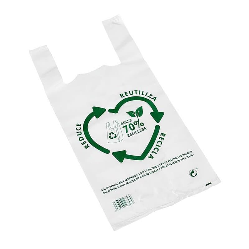Sac plastique. Sacs à anse en plastique 50x60cm. Sacs T-shirt 50 microns 70% recyclés 30x40 BLANC. Sacs en plastique avec poigné