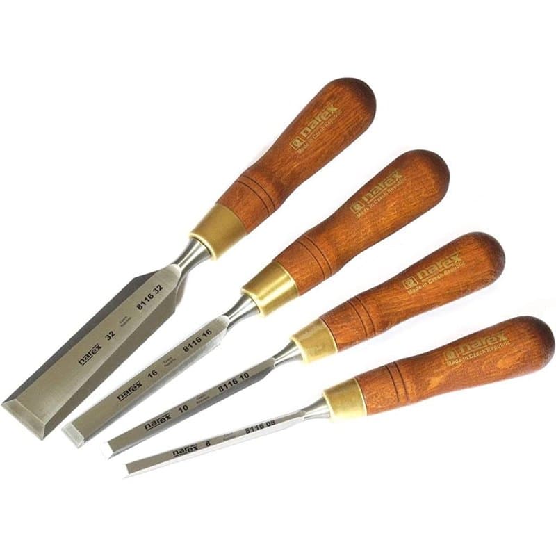 Narex Lot de 4 burins à bords biseautés de qualité supérieure avec poignées en bois de charme teinté