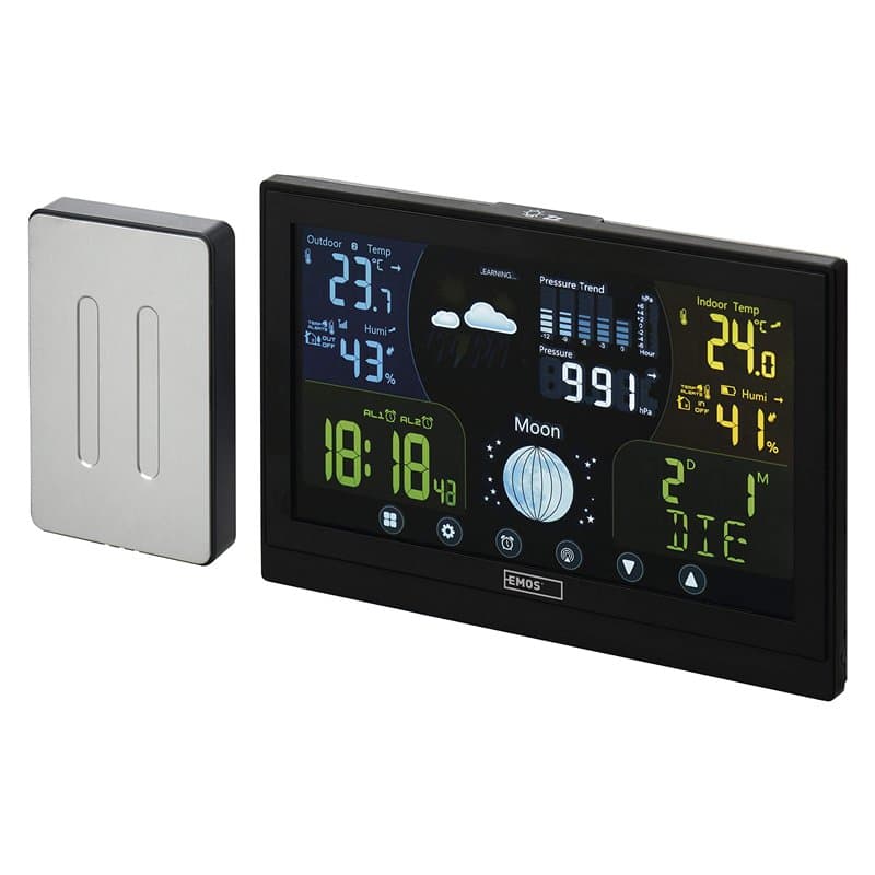 EMOS E6018 Station météo Radio avec capteur extérieur et écran Tactile Couleur + Bloc d'alimentation 13 Fonctions : thermomètre,