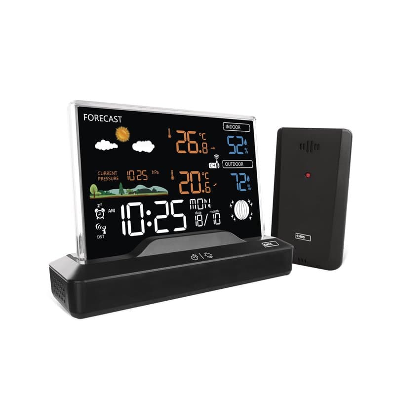 EMOS - Station météo radio sans cadre avec capteur extérieur - thermomètre, hygromètre, baromètre, prévisions météorologiques, m