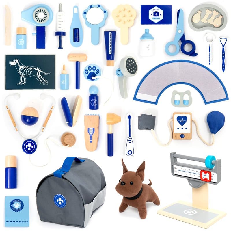 UMU® Jeu de vétérinaire pour Enfants en Bois avec modèle de Chien, stéthoscope, tensiomètre, etc., Jouet vétérinaire pour Le Jeu