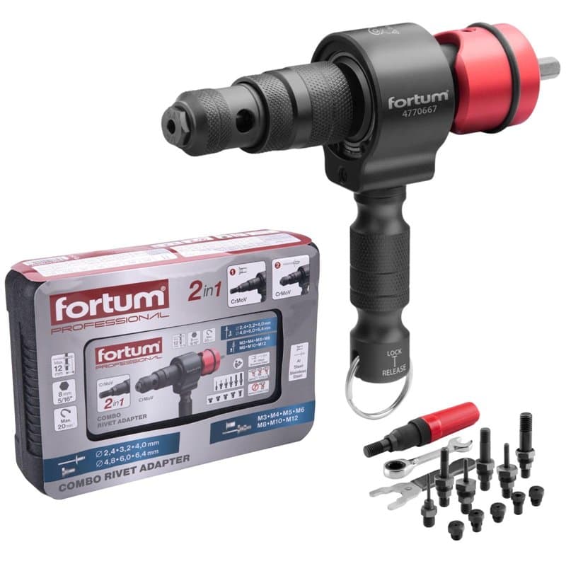 Fortum Rivet 2 en 1 pour visseuse sans fil et perceuse I Rivets aveugles et écrous à rivets en aluminium, acier et acier inoxyda