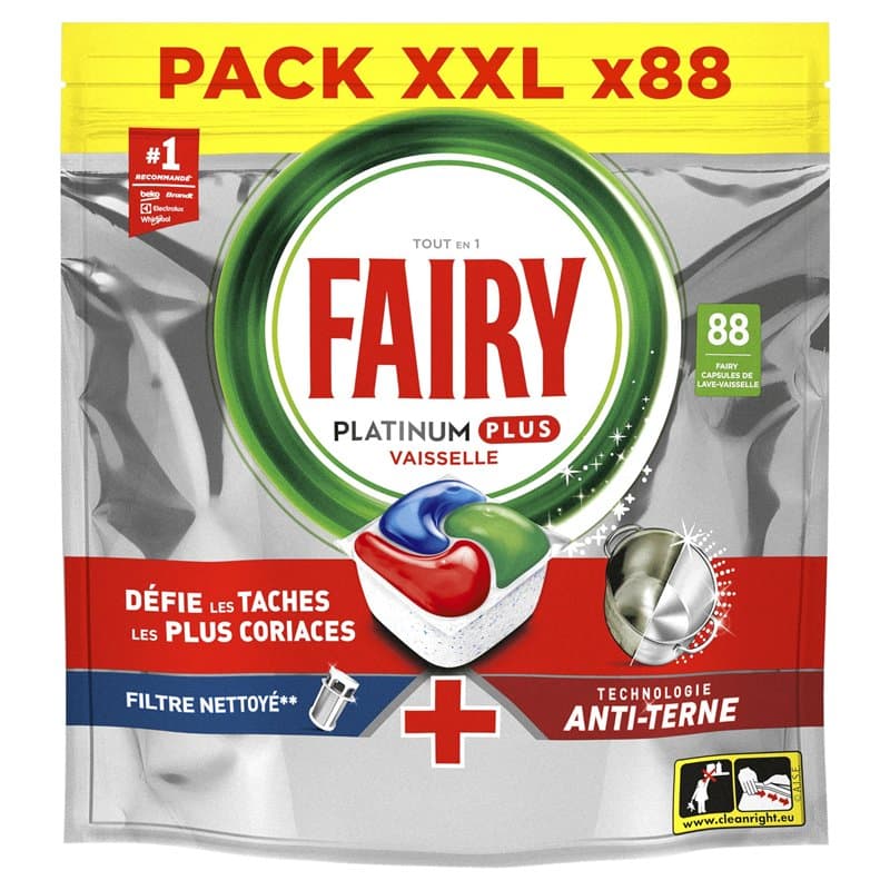 Fairy Platinum Plus Tablettes Lave-Vaisselle All In One Technologie Anti-terne, Regular, 88 Capsules, Nettoyage Optimal, Redonne