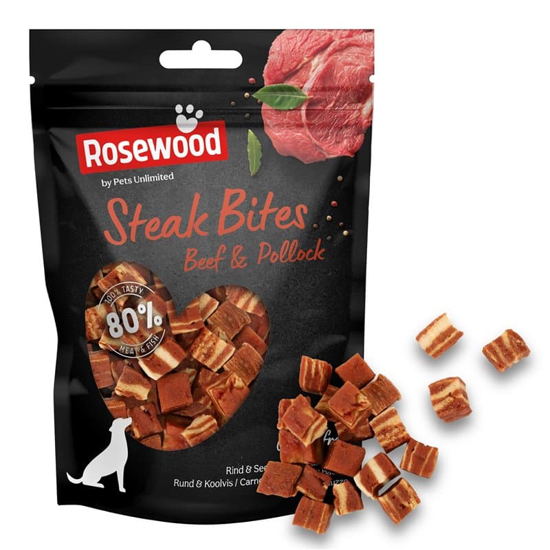 Rosewood - Steak Bites Boeuf et Colin, Friandise de Dressage Tendre pour Chiens, Haute Teneur en Viande, Poisson, sans Céréales