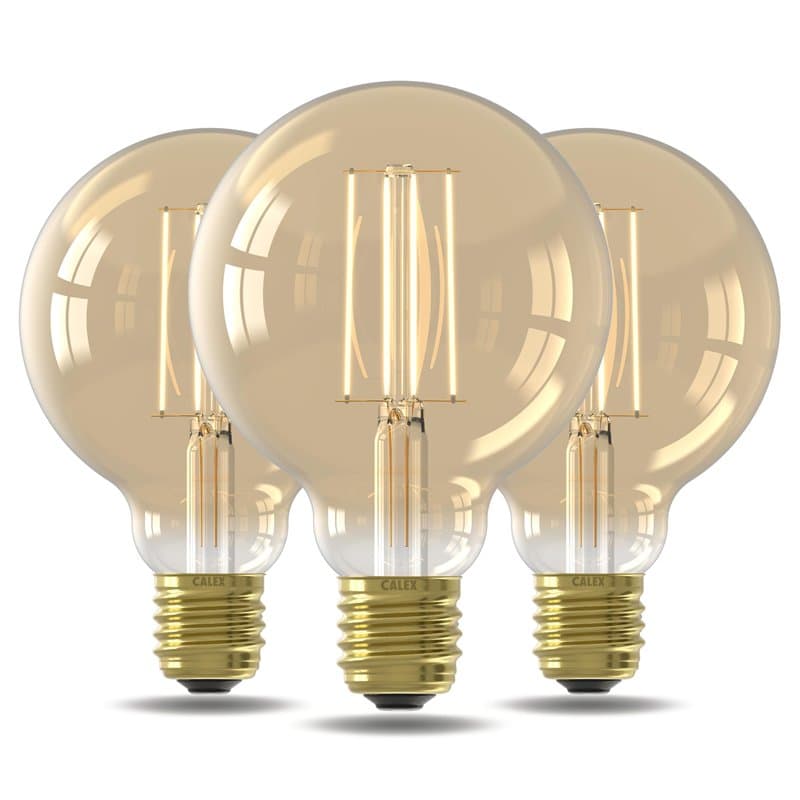 CALEX Lot de 3 Ampoules LED Filament Droit E27, Source lumineuse Vintage, Dorée, Globe Rétro G95, Lumière blanche chaude dimmabl
