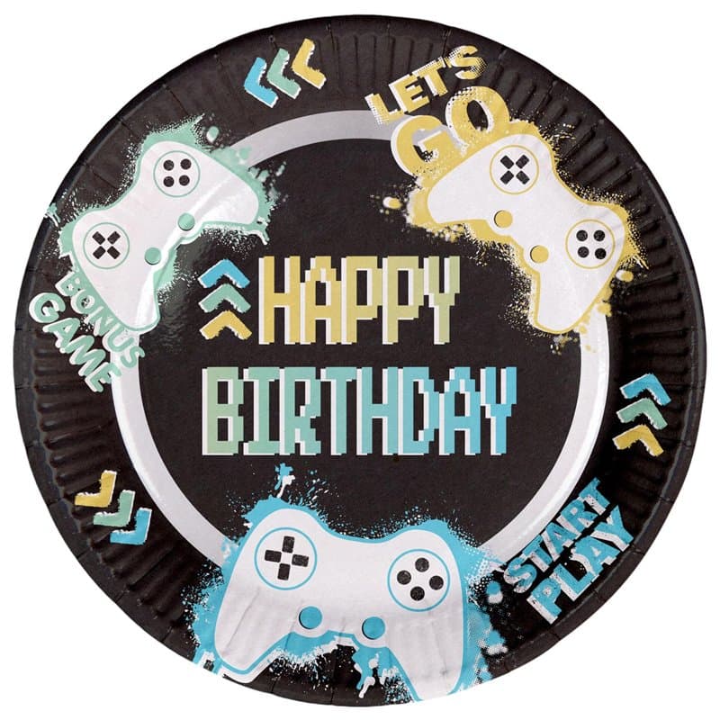 Folat 24966 Vidéo Fournitures Assietes-Level Up-23 cm-8 pièces-Décoration Vaisselle de Fête d'anniversaire Amateurs de Jeux, Noi