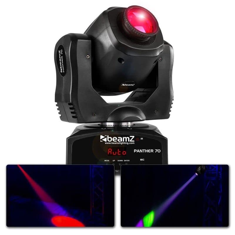 Beamz Panther 70 Lyre Spot LED - LED Blanche 70W, Faisceau 10°, 9 ou 1 Canaux DMX, Roue de 7x Gobos, Effets 7 Couleurs, Modes DM