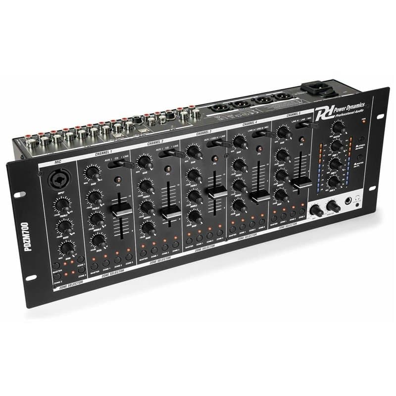 Power Dynamics PDZM700 - Table de Mixage USB 4 Zones 5 Canaux, Égaliseur 3 Bandes, Nombreuses Fonctionnalités, USB/SD et MP3